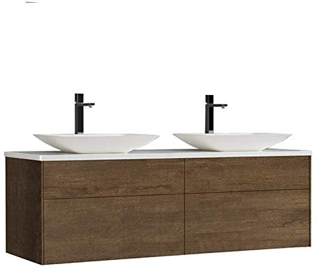 StoneArt Badmöbel Set Mineralguss Waschbecken Waschschale Aufsatzwaschbecken und Unterschrank Waschtisch Einzel- oder Doppelwaschbecken Venice VE-1600pro-1 Eiche dunkel 160cm