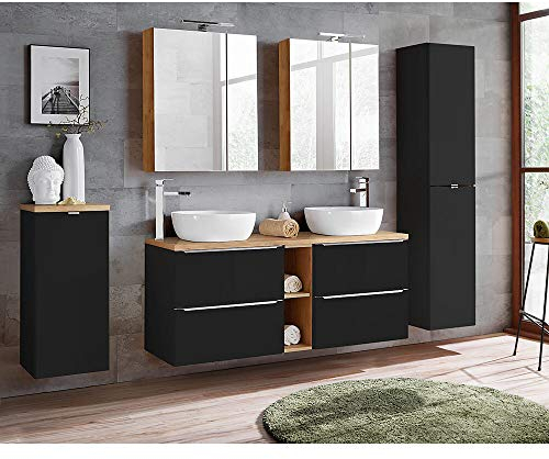 Lomadox Badmöbel Set 140 cm Doppel-Waschtisch inkl. 2 Keramik-Aufsatzbecken, Hochschrank, 2 Spiegelschränken, Wäscheschrank, seidenmatt anthrazit, Wotaneiche