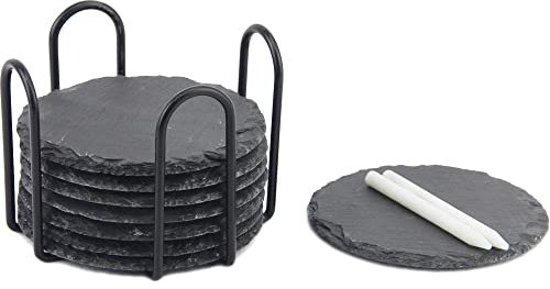 Poeland Schiefer Untersetzer Set (8 Stück) inkl. Kreidestift – Dekorative Glasuntersetzer aus 100% Natur Schieferplatten (rund | 10x10 cm)