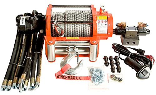 Winchmax Cabrestante hidráulico Naranja Original de 9,072 kg. Cuerda de Acero de 25 m x 14 mm. Gancho de 1/2 Pulgada. Sistema de Control CETOP3 de 24 V.
