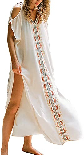 YouKD Broderad och blommig sommarklänning med lös passform i bomull, kaftan och bohemisk stil, strandklänning, bikini-överdrag i stor storlek, för kvinnor, M vit, en storlek