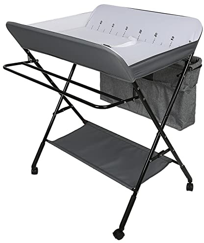 mobiler Wickeltisch mit Wickelaufsatz, Wickelkommode klappbar höhenverstellbar, Wickelkombi mit Sicherheitsgurt Aufbewahrungskorb Kleiderstange-80 * 63 * 93-99cm gebrochenes Weiß