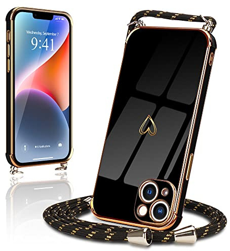 Micoden Handykette für iPhone 14 Plus Necklace Hülle mit Band,Handyhülle für Kordel zum Umhängen,Kameraschutz Herz Love Design Galvanik Silikon Case Bumper Stoßfeste Schutzhülle,Schwarz