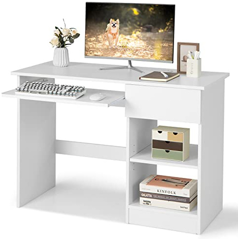 CASART Computer Desk, Home Office Laptop Table Writing Desk with Drawer, Adjustable Shelf & Keyboard Tray, Compact Study Desk Computer Workstation for Small Space (White)
