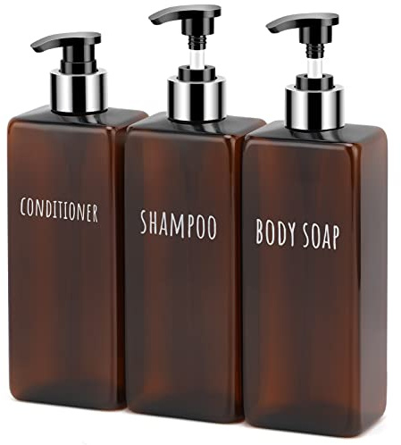 Segbeauty Seifenspender, 3 Stück 500 ml Seifenspender Set mit Etiketten für Shampoo Conditioner Body Soap, Shampoo Flaschen zum befüllen für Küche und Bad, Bernstein