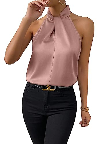 SweatyRocks Women's Elegant Twist Front Halter Sleeveless Satin Blouse Keyhole Back Tank Top Pink X-Large