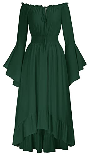 SCARLET DARKNESS Damen Mittelalter Renaissance Schulterfreies Maxikleid | Lange Ärmel | Trompetenärmel | Geraffte Taille | Seitliche Einschubtaschen | Futter | Korsagenkleid | Gotik | Piraten | Elf