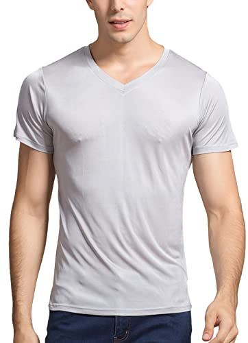Grenasasilk Mens Silk T-Shirts Short Sleeve Mulberry-Silk Dress Tee Tops Breathable & Moisture V-Neck Undershirt Silver Grey X-Large