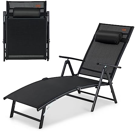 COSTWAY Tumbonas Jardin Exterior, Tumbona Plegable con Respaldo Ajustable en 7 Posiciones, y Almohada Texteline, Carga 150kg, Tumbona Piscina, Playa, Jardin (Negro)