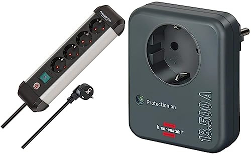 Brennenstuhl Premium-Alu-Line Steckdosenleiste 4-Fach/Steckerleiste aus hochwertigem Aluminium & Steckdosenadapter mit Überspannungsschutz 13.500 A