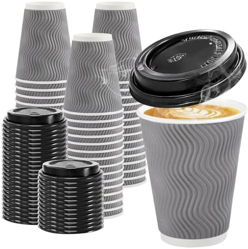 Clawsoff 100 Pack 12 oz Disposable Coffee Cups with Lids, Insulated Ripple Wall To-Go Paper Coffee Cups Suitable for Chocolate Cocoa and Hot/Cold Drinks (Grey)