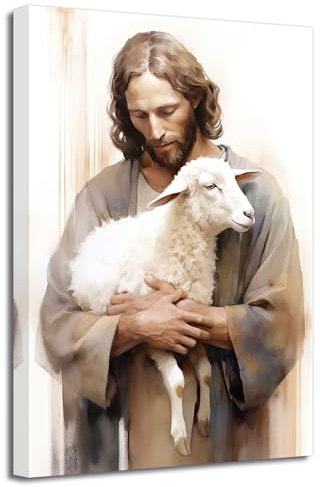LZIMU Jesus Leinwand Bilder Jesus hält das Lamm Bilddrucke Gott Gemälde christliche Kunstwerke spirituelle Kirche Wanddekoration Gerahmt (Bild-2, (30.00 x 45.00 cms))
