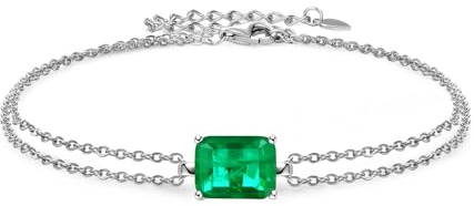 YUNKAI Pulsera de plata de ley 925 con esmeralda, pulsera de piedra natal para mujer, delicada pulsera de eslabones ajustables de piedra verde, regalo de joyería para su aniversario y cumpleaños, 8.5