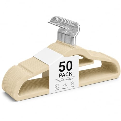 1ABOVE Premium Quality 50 pack Non-Slip Velvet Hangers (44cm) Heavy Duty Velvet Suit Hangers with Tie Bar, 360° Swivel Hooks – Space saving, sturdy to hold Jacket, Jumper & Pullover(Set of 50-IVORY)