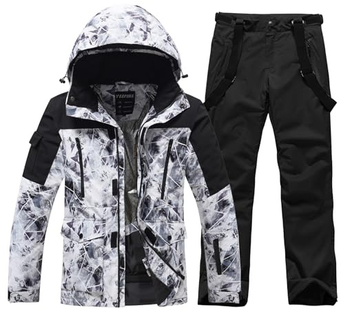 ALSOGO Skianzüge Für Herren 2-teiliger Snowboard Sets Wasserdicht Winddicht Winter Warme Ski Jacke und Hosen Set Zum Skifahren Snowboarden Klettern BaiHua+Schwarz L