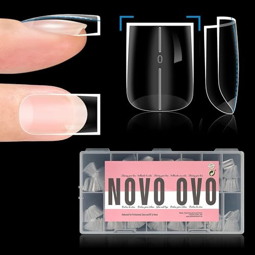 NOVO OVO Pointes à ongles carrées droites épaisses et courtes en gel souple naturel, sans courbe en C, ongles postiches en gel doux à retirer, faux ongles à couverture complète pour manucure française