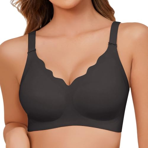 CMTOP Bras for Women Non Wired Women's Bras Floral V Neck Push up Bras Support Full Coverage Everyday Bra Seamless Wireless T Shirt Bras Comfort Padded Bralettes with Bra Extender(Black,S)