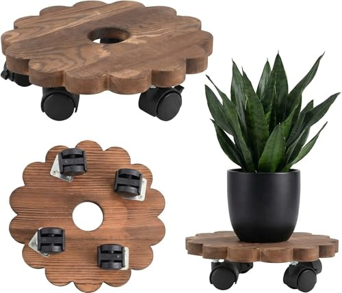 Supvox Pflanzenroller aus Massivholz Ø 20 cm - Belastbar bis 35 kg - Rundes Rollbrett für Blumentöpfe - Mobiler Pflanzenuntersetzer mit 4 Lenkrollen für Indoor & Outdoor - Stabiles Echtholz-Design
