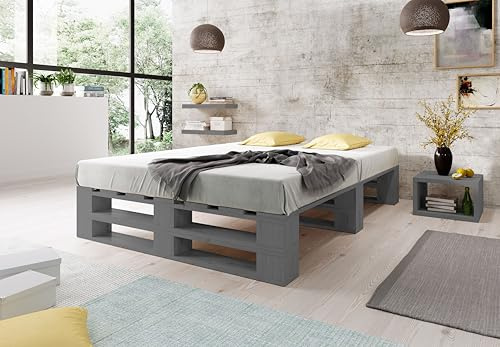 Lermowood Palettenbett M2 aus Holz 140 x 200 cm Grau mit Lattenrost Holzbett 30cm Stabiles Seniorenbett Kinderbett Jugendbett Gästebett erhöhtes Einzelbett Bettgestell Futonbett Komforthöhe