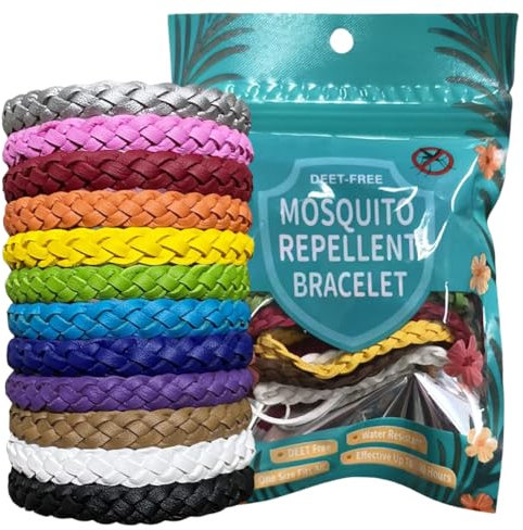 Mosquito Repellent Bracelet, 12 Pack Adjustable Leather Insect Repellent Bracelets Deet-Free Natural Mosquito Bands, Anti Mosquito Bracelet Suitable for Kids & Adults for Hiking and Camping