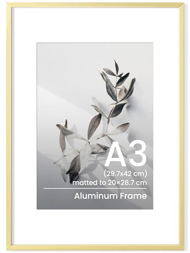 Feihorrm A3 Picture Frame, Gold Aluminum Photo Frame W/ A4 Mount | Metal A3(30x42 cm) Frame with A4(21x29.7 cm) Mat for Poster Certificate with Tempered Glass, Wall Mountable or Freestanding