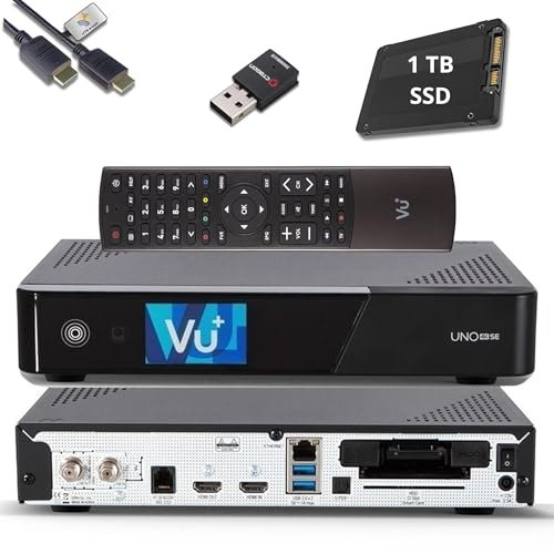 VU+ UNO 4K SE E2 Linux Sat Receiver + 1 To SSD & WLAN 300 (DVB-S2 FBC Twin Tuner, 4K HDR, HDMI 2.0, USB 3.0, CI + lecteur de carte, écran LCD 2,4, HTS e-com HDMI, TV Box avec fonction PVR)