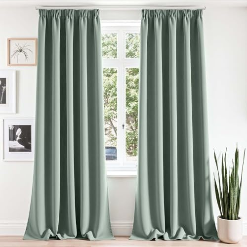 Vangao Gardinen mit Kräuselband Wohnzimmer H260xB140 cm 2er Set, Salbeigrün | Gardinen Blickdicht Kurz für Schienensystem, Schlafzimmer Kinderzimmer Küche Fenster, Modern Blackout Curtains Grün 260 lang