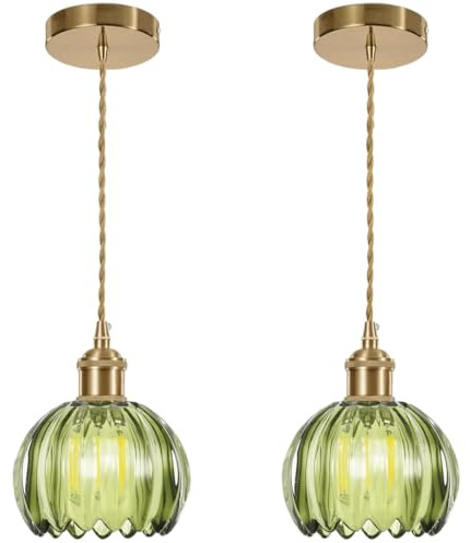 FINNCHY Mini Flower Glass Pendant Light 2 Pack Adjustable Hanging Lamp, Green Pendant Lights Kitchen Island Dining Room Hallway Bedroom Living Room, LED Bulbs Included