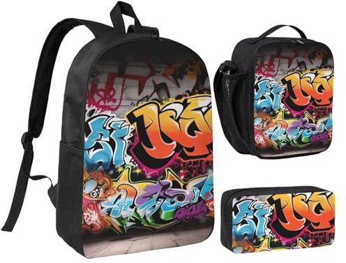 3-teiliges Graffiti-Hip-Hop-Rucksack-Set mit isolierter Lunchbox, Bleistifttasche, 43,2 cm (17 Zoll), leichte Laptoptasche, Schulter-Lunch-Tasche und Federmäppchen, 3-in-1-Set