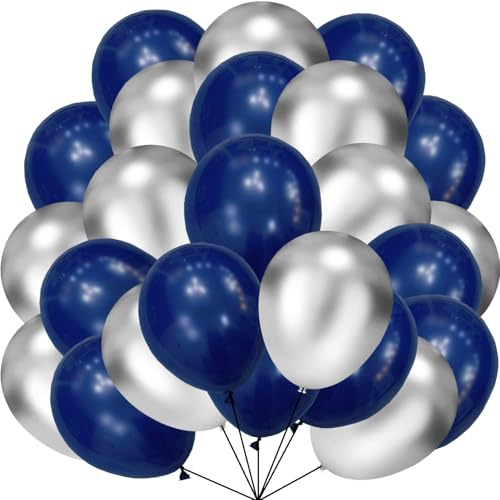 60 Stück Luftballons Marineblau Silber, 12 Zoll Helium Luftballons Metallic Silber Navy Blauz Latex Ballons Partyballon fur Geburtstag Hochzeit Jahrestag Abschlussfeier Babydusche Party Deko