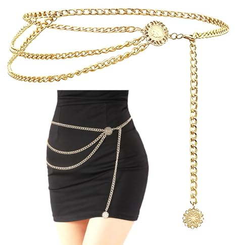 YUVKIN 1 pieza Cinturón Dorado Mujer, Cinturon Ajuestable Metálico, Cinturón de Cintura Multicapa, Cinturon Dorado Mujer Fiesta, Forma de Cadena de Metal, para Vestidos, Mezclilla