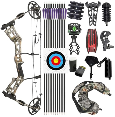 PYMUST Archery 30-70 lbs lbs Compound Bow and 12pcs Carbon Arrow Set Let-off 75% Aluminum Riser For Right Hand Shooting Hunting Target Practice