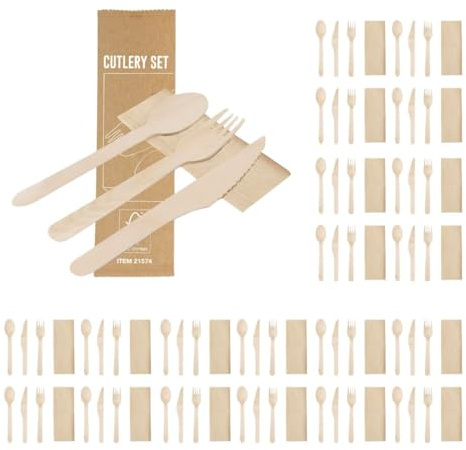 Pack 250 Sets de Cubiertos Desechables Ecológicos de Madera | Cuchara Tenedor Cuchillo y Servilleta | Cubiertos Take Away para Hostelería y Eventos
