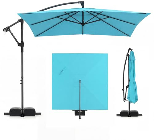 Tangkula 8x8 FT Patio Umbrella with Base Included, Square Offset Cantilever Outdoor Umbrella with 360 Degree Rotation, Crank Handle, Sandbags, 8 Ribs for Pool Deck Garden Backyard