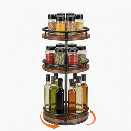MICHIHOMIE 3-Tier Rotating Spice Rack, Wooden Lazy Susan Spice Organiser, 360-Degree Turntable Seasoning Storage Rack for Kitchen Countertop, Cupboard and Pantry