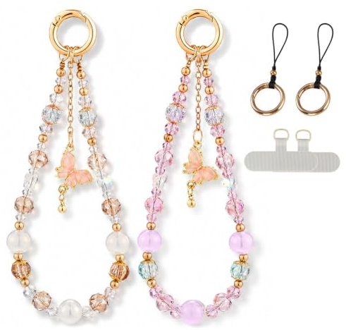 Glamoreal 2 pièces dragonnes de Poignet pour téléphone avec Perles en Cristal et Pendentif Papillon, avec Languette de Fixation pour Une Installation Facile, chaîne en métal, idéales pour Sacs et