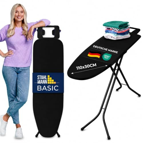 STAHLMANN® Bügelbrett schwarz [110 x 30 cm] – höhenverstellbarer Bügeltisch [platzsparend klappbar] – Bügelbrett mit Bügeleisenablage – Ironing Board