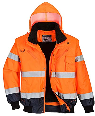 Portwest C465 Hi-Vis 3-in-1 Waterproof Contrast Hooded Bomber Jacket with Pockets - Reflective Outdoor Safety Security Workwear Coat, Orange/Navy, M