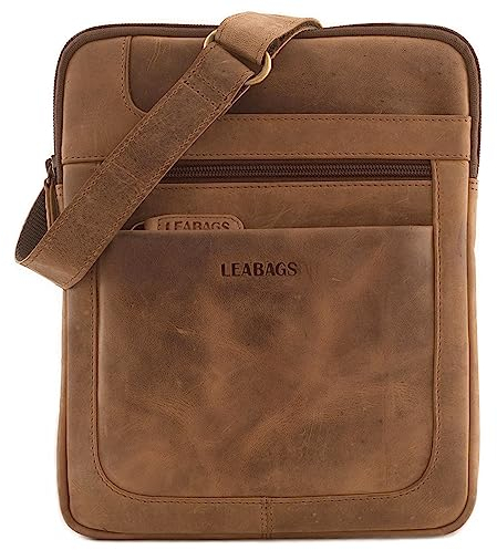 LEABAGS Leder Umhängetasche Herren & Damen I Messenger Bag mit Schultergurt I Schultertasche I Arbeitstasche I Tragetasche I Handtasche I Echtleder Tasche I Nature Hellbraun
