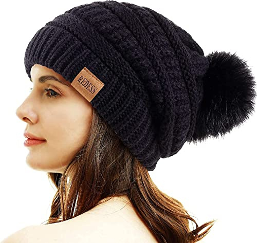 REDESS Bonnet d'hiver à Pompons pour Femme Doublure Polaire Chaude Épais Slouchy Snow Knit Chunky Baggy Skull Ski Cap