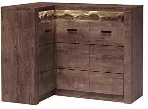 Mirjan24 Eckkommode Indiano I-15O, Kommode, Mehrzweckschrank Anrichte Diele Flur Esszimmer (Esche Dunkel, mit warmweißer LED-Beleuchtung)