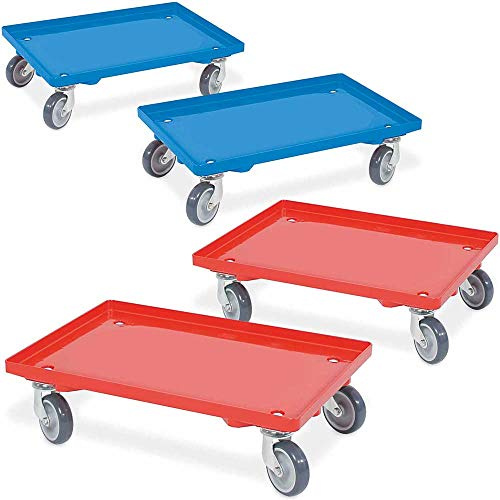 BRB Lot de 4 roulettes de logistique avec plateau, 2 bleus, 2 rouges, pour conteneurs de 600 x 400 mm, charge maximale de 250 kg