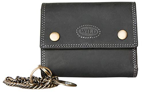 Portafoglio grigio molto scuro unisex Wild biker in vera pelle naturale con catena in metallo