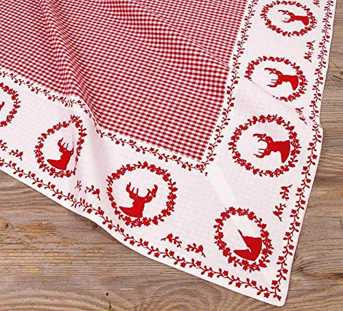 Tovaglia RESI a quadretti con stampa di cervo rosso – grande tessuto tovaglia in stile rustico, 100 x 100 cm, decorazione da tavolo quadrata – centrotavola lavabile in 100% cotone, decorazione moderna