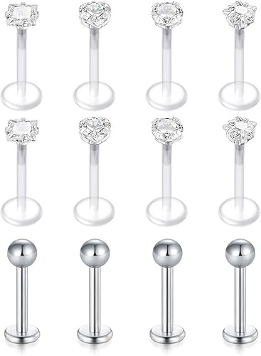 LAURITAMI 12stk Lippenpiercing Labret Stecker Bioflex 8mm 16G Medusa Monroe Flexibel Kunststoff Retainer Piercing Lippe
