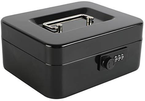 xydled Medium Steel Cash Box with Combination Lock, Removable Tray, Black