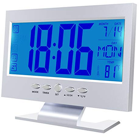 Nicoone Sveglia Digitale,Sveglia da Comodino a Batteria con Temperatura e LED Grande Schermo,Snooze,Controllo Vocale,Argento