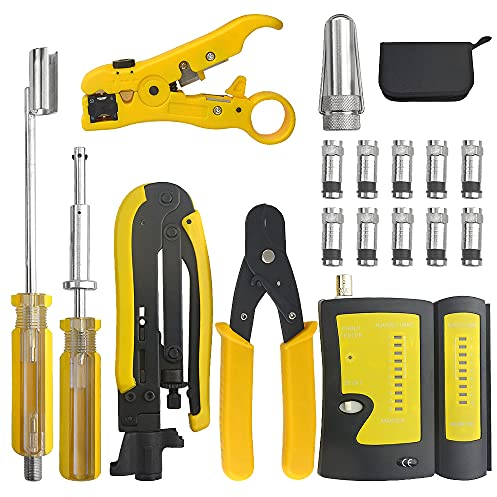 XINGYHENG Koaxialkabel-Crimpwerkzeug-Set, multifunktional, Koaxialkabel-Crimper, RG6, RG59, RG11, 75–5, 75–7, Koaxialkabel-Abisolierzange mit Tester-Anschluss mit 20 Kompressionssteckern