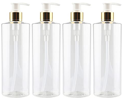 ZEOABSY 4 Stück 500ml Leere Lotionspender Gelspender Transparent Kunststoff Flasche mit Gold/Weiß Lotion-Spender Nachfüllbare zum befüllen für Badezimmer Shampoo Öl