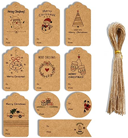 50 Pcs Kraft Paper Tag, Merry Christmas Mädchen Junge Baum Schneemann Kraftkarton, Geschenkanhänger Weihnachtsanhänger für Geschenke Verpackung Decor, 4cm, Braun
